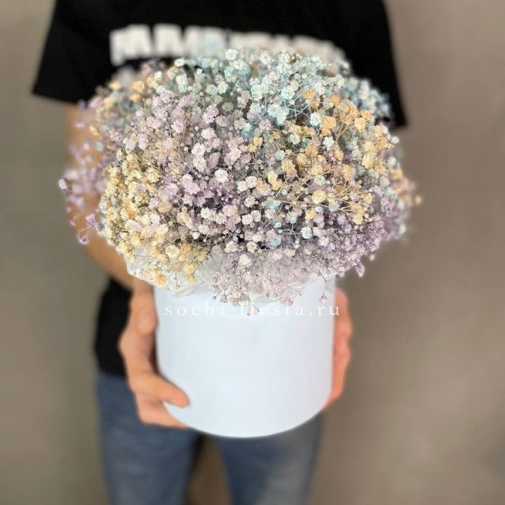 9 Радужных гипсофил в шляпной коробке в Кирове