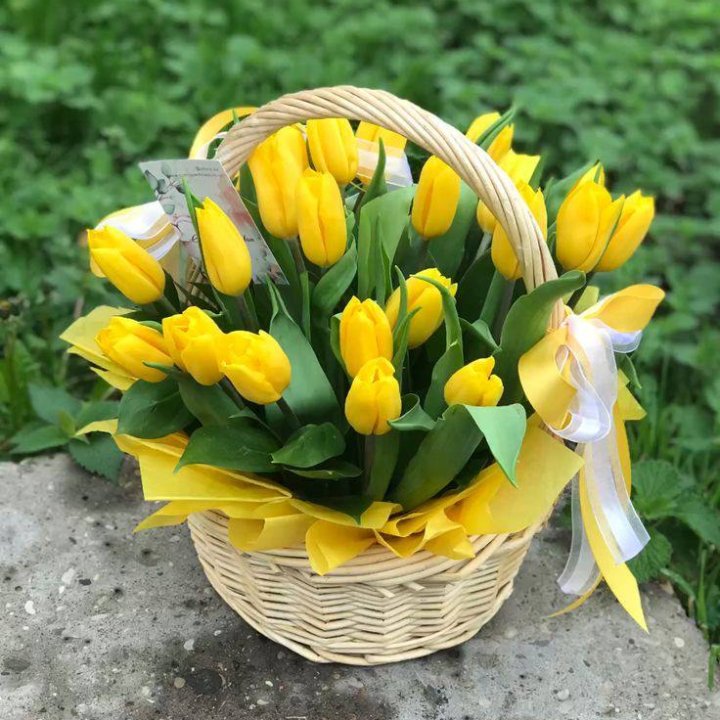 25 желтых тюльпанов в корзине в Кирове